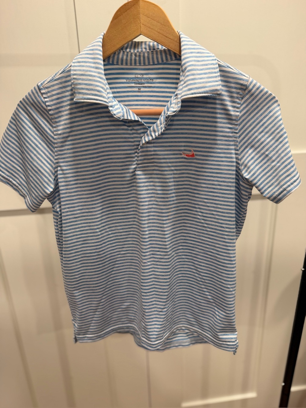Vineyard Vines Blue & White Striped Performance Polo with Red Nantucket Logo